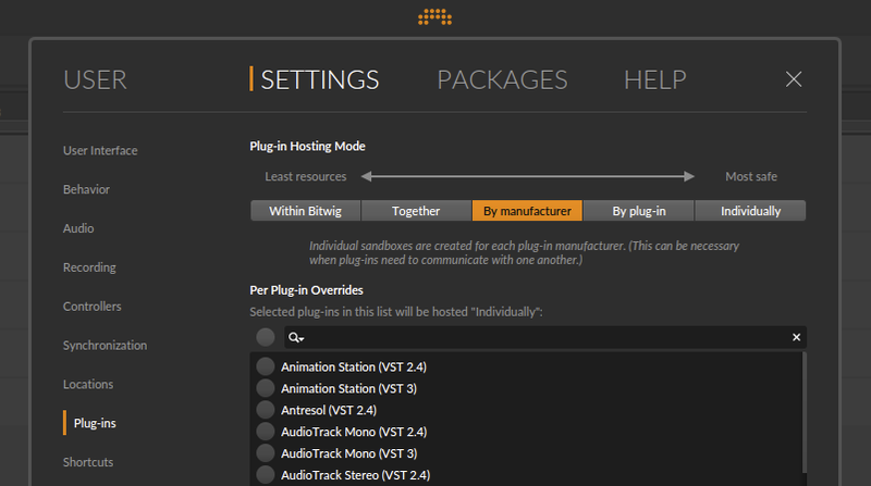 BitWig Studio Plug-In isolation settings.