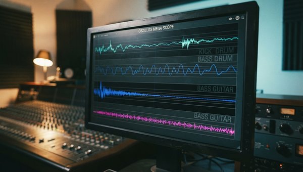 A close-up shot of the Oszillos Mega Scope plugin interface displayed on a studio monitor, showing two distinct waveforms (one for kick drum, one for bass guitar) overlaid or side-by-side, clearly illustrating their phase relationship and interactions. Th