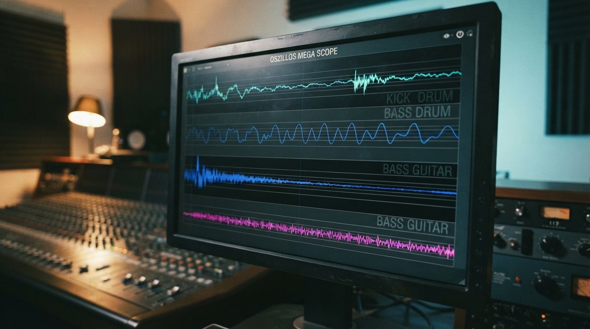 A close-up shot of the Oszillos Mega Scope plugin interface displayed on a studio monitor, showing two distinct waveforms (one for kick drum, one for bass guitar) overlaid or side-by-side, clearly illustrating their phase relationship and interactions. Th