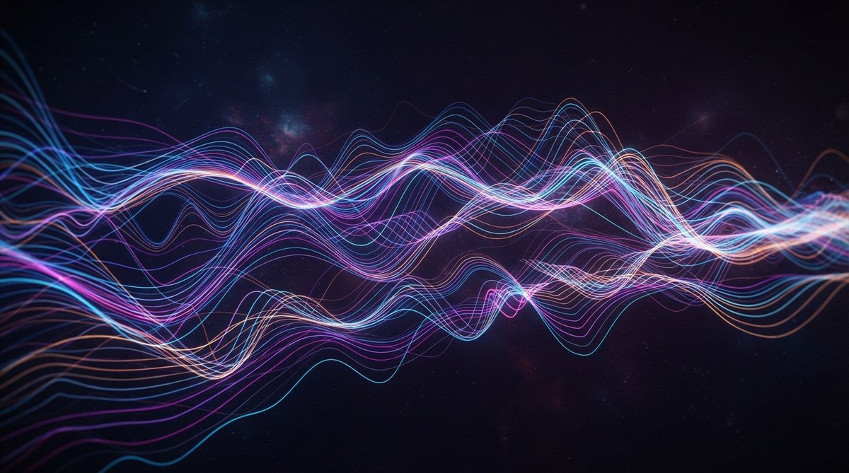 Abstract visualization of sound automation, showing intertwining, flowing waveforms or frequency spectrum lines changing dynamically over time, with vibrant color gradients representing movement and evolution. No human elements, no studio gear.