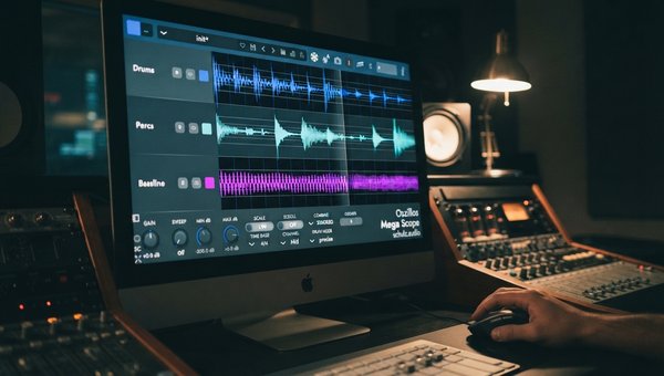A close-up shot of the Oszillos Mega Scope plugin interface on a computer screen in a dimly lit, professional studio environment. The waveform display shows a drum transient with sharp attack. A hand lightly touches a mouse, indicating active editing. Foc