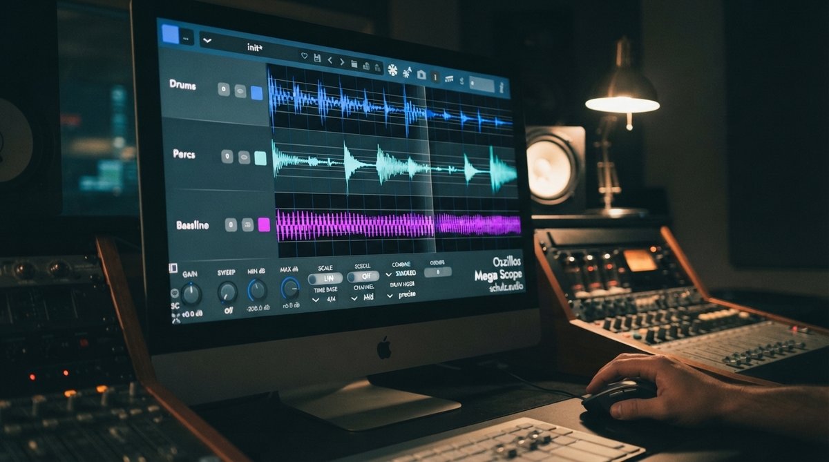 A close-up shot of the Oszillos Mega Scope plugin interface on a computer screen in a dimly lit, professional studio environment. The waveform display shows a drum transient with sharp attack. A hand lightly touches a mouse, indicating active editing. Foc