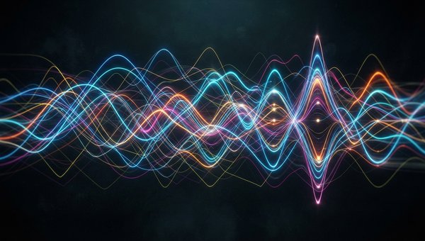 An abstract visualization of complex rhythmic patterns, with multiple intertwined waveforms and pulsating lines representing polyrhythms and polymeters. The colors are vibrant and energetic, conveying movement and intricate timing, set against a dark, moo