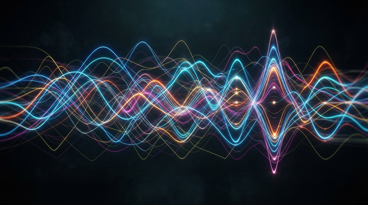 An abstract visualization of complex rhythmic patterns, with multiple intertwined waveforms and pulsating lines representing polyrhythms and polymeters. The colors are vibrant and energetic, conveying movement and intricate timing, set against a dark, moo