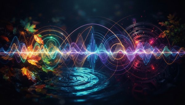 Abstract visualization of sound waves forming rhythmic patterns, emerging from organic, everyday textures like water ripples, rustling leaves, and subtle machinery hum. The waves are energetic, colorful, and interconnected, suggesting a hidden rhythmic pu