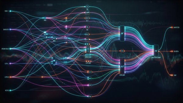 An abstract, intricate network of glowing lines and nodes, representing complex audio signal flow. Different colored lines intersect and merge, illustrating subgroups, parallel paths, and serial effects chains. The background is dark, with subtle motion b