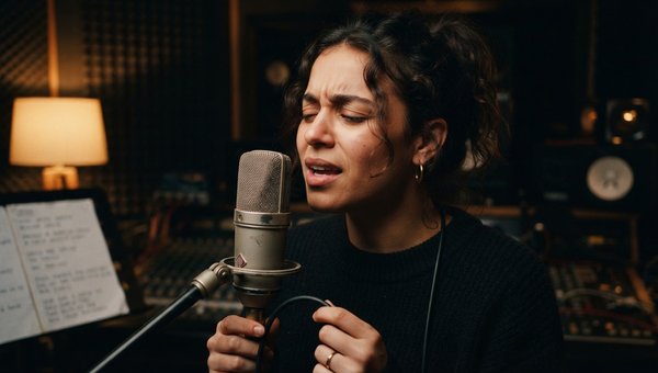 A close-up shot of a singer at a vintage condenser microphone in a dimly lit, professional recording studio, capturing a sense of focus and creativity. Warm, soft lighting.