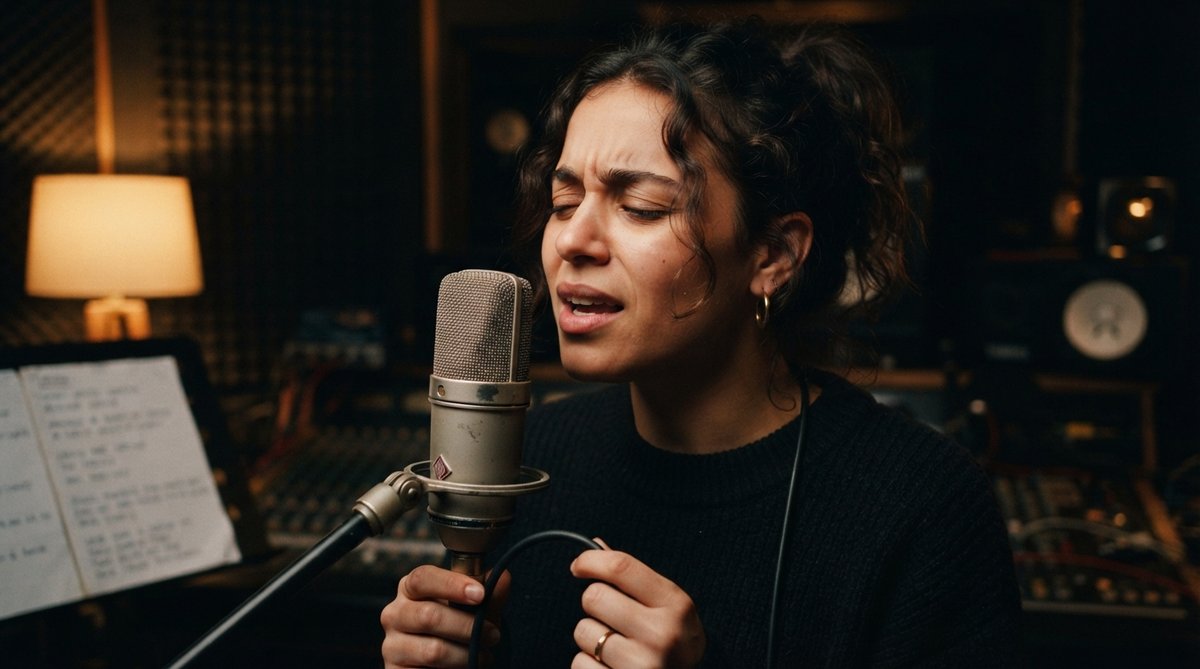 A close-up shot of a singer at a vintage condenser microphone in a dimly lit, professional recording studio, capturing a sense of focus and creativity. Warm, soft lighting.