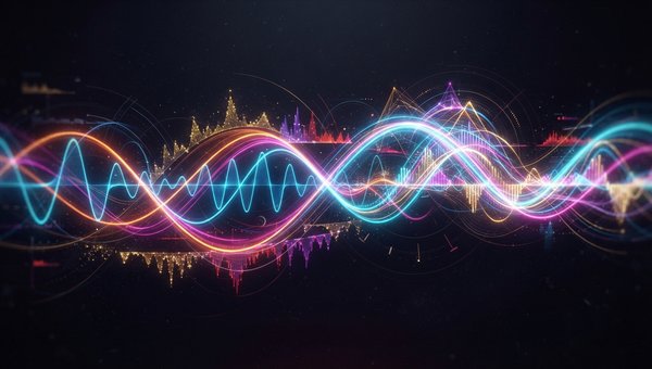 A vibrant, abstract visualization of sound waves and frequency spectra intertwining and morphing, representing the complex interaction of vocoder and talkbox effects. The image should feature swirling light trails and color gradients, conveying the advanc