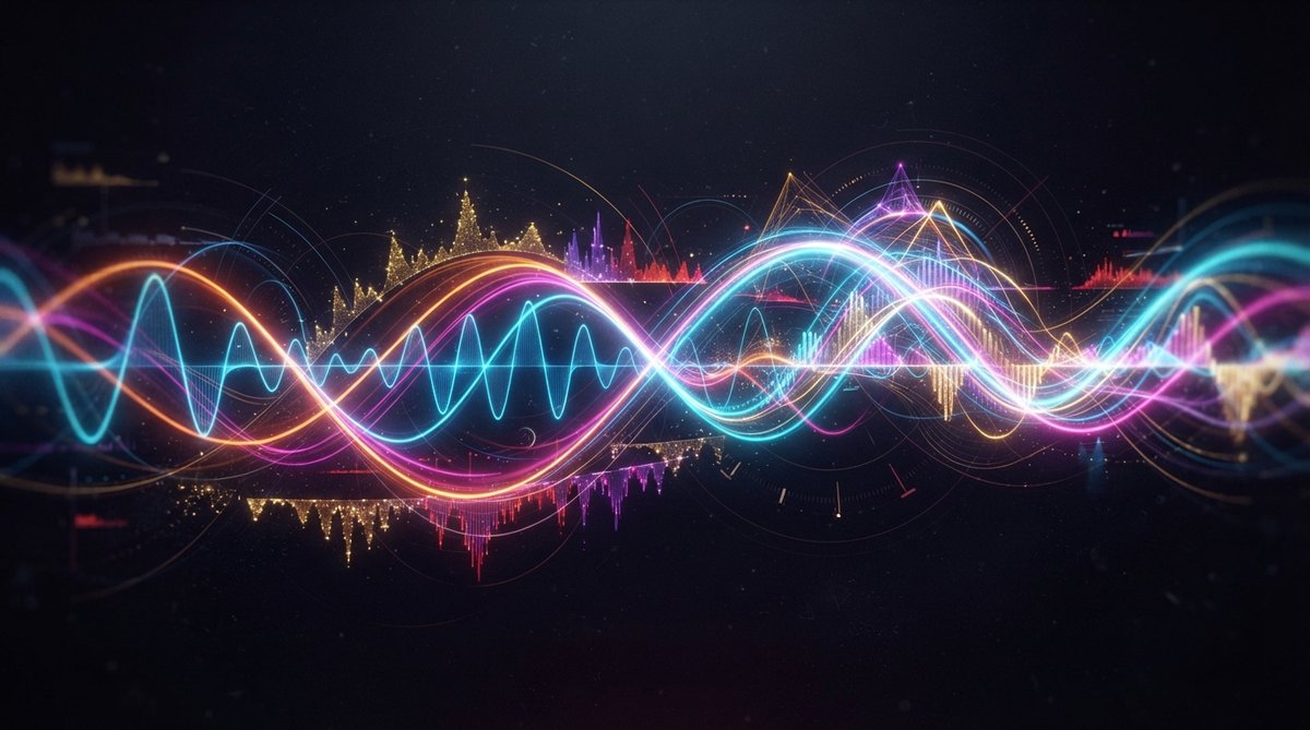 A vibrant, abstract visualization of sound waves and frequency spectra intertwining and morphing, representing the complex interaction of vocoder and talkbox effects. The image should feature swirling light trails and color gradients, conveying the advanc
