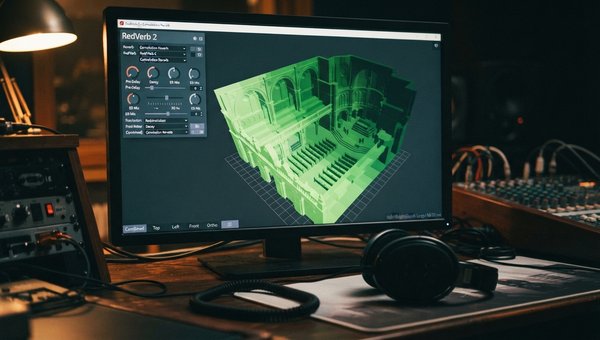 Close-up of the RedVerb 2 plugin interface, specifically highlighting its 3D graphical interface. The plugin is displayed on a high-resolution monitor in a dimly lit, professional studio environment. Soft ambient lighting from the studio casts subtle refl