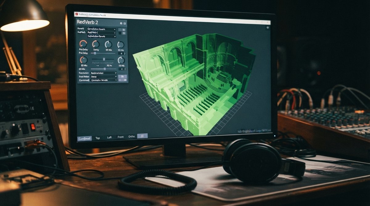 Close-up of the RedVerb 2 plugin interface, specifically highlighting its 3D graphical interface. The plugin is displayed on a high-resolution monitor in a dimly lit, professional studio environment. Soft ambient lighting from the studio casts subtle refl