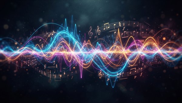 An abstract, artistic representation of sound waves and frequency spectra intertwining with subtle classical music notation elements, all rendered in vibrant, energetic colors against a dark, moody background. No specific instruments or screens, just the 