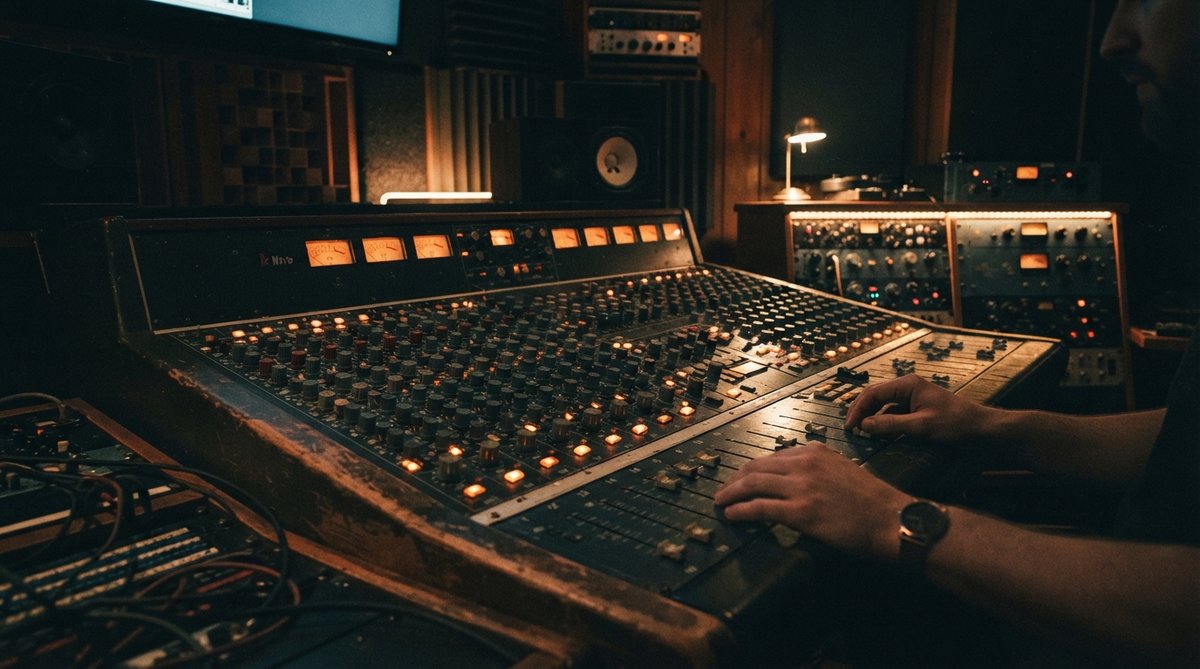 A moody, atmospheric shot of a professional audio mixing studio. Focus on a vintage-style mixing desk with warm, glowing faders and knobs. Soft, indirect lighting highlights acoustic panels on the walls. No screens or plugin UIs are visible, emphasizing t