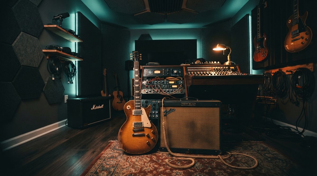 A moody wide shot of a professional home recording studio, focusing on a guitar and amplifier setup. The room features acoustic panels and warm lighting, creating an inviting and inspiring atmosphere. No screens or plugin UIs are visible, emphasizing the