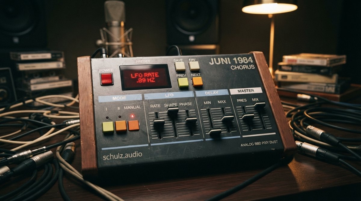 A highly detailed, photorealistic render of a vintage-inspired 'JUNI 1984 CHORUS' desktop effects unit. The device features a sturdy, brushed metal chassis with a deep blue finish, large tactile chrome knobs, and retro-style toggle switches. A small, glow