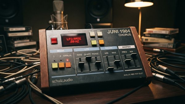 A highly detailed, photorealistic render of a vintage-inspired 'JUNI 1984 CHORUS' desktop effects unit. The device features a sturdy, brushed metal chassis with a deep blue finish, large tactile chrome knobs, and retro-style toggle switches. A small, glow