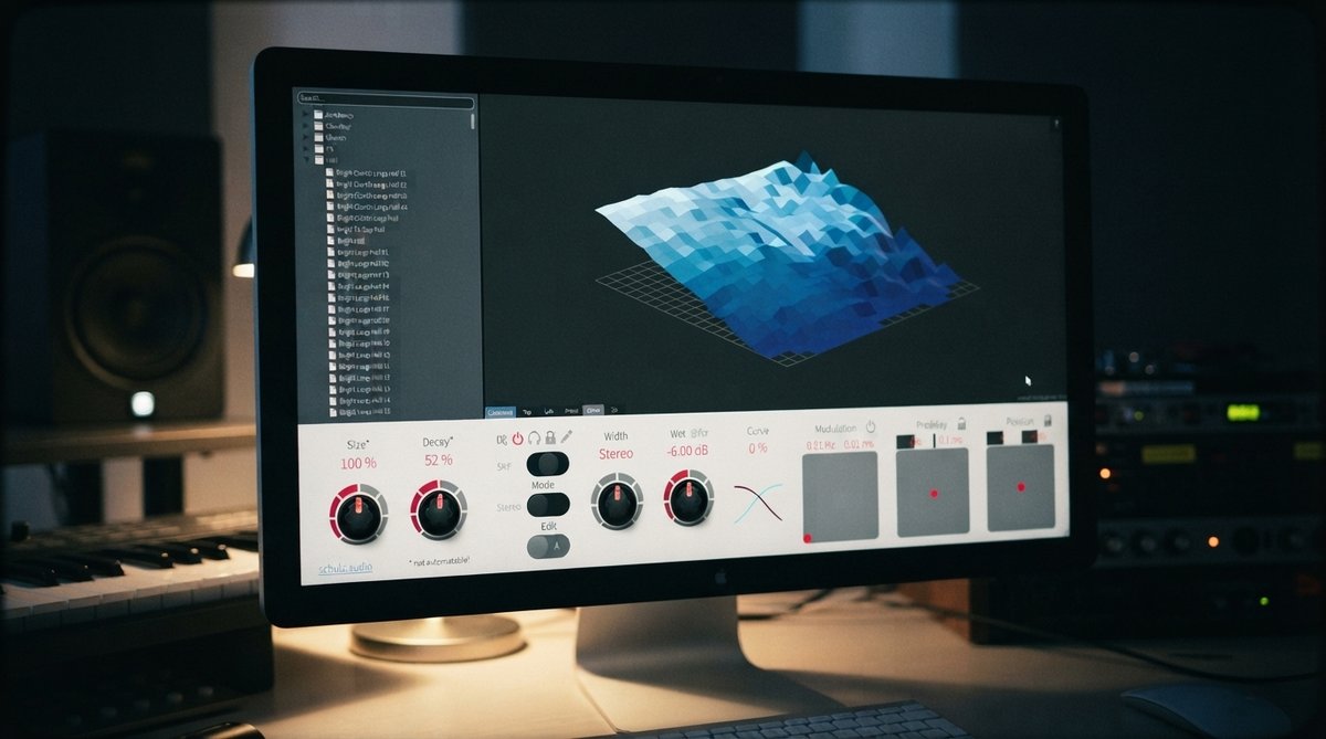 A close-up shot of the RedVerb 2 plugin interface, specifically highlighting the 'Size' and 'Decay' knobs, shown on a computer screen in a dimly lit, modern music studio environment. The plugin UI is in focus, with subtle studio equipment (e.g., monitor s