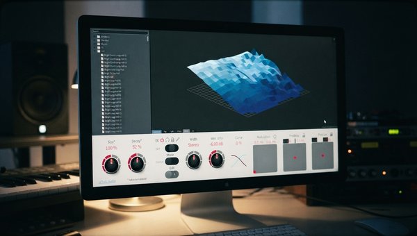 A close-up shot of the RedVerb 2 plugin interface, specifically highlighting the 'Size' and 'Decay' knobs, shown on a computer screen in a dimly lit, modern music studio environment. The plugin UI is in focus, with subtle studio equipment (e.g., monitor s