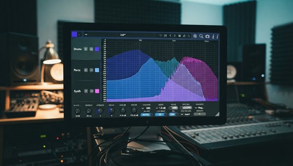 A close-up shot of the Schulz Audio Spectrum 2 plugin interface, displaying a detailed multi-channel frequency analysis. The plugin is shown on a computer screen in a dimly lit, professional recording studio environment, with studio monitors and acoustic