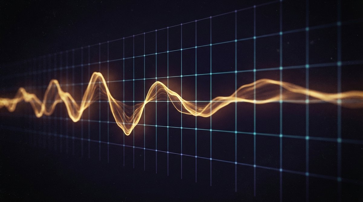 An abstract representation of rhythmic timing. A subtle, organic wave deviates gracefully from a perfectly straight, digital grid. Soft, warm light emanates from the organic wave, contrasting with the cool, sharp lines of the grid. Focus on the interplay 