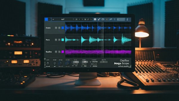A close-up shot of the Oszillos Mega Scope plugin UI on a computer screen in a dimly lit, professional music studio. The oscilloscope displays two distinct waveforms, one clearly 'ducking' based on the other, illustrating sidechain compression. The studio