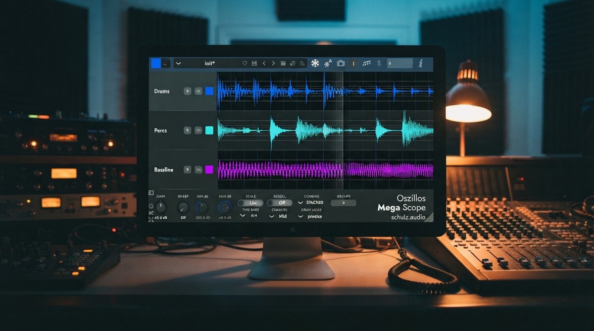 A close-up shot of the Oszillos Mega Scope plugin UI on a computer screen in a dimly lit, professional music studio. The oscilloscope displays two distinct waveforms, one clearly 'ducking' based on the other, illustrating sidechain compression. The studio