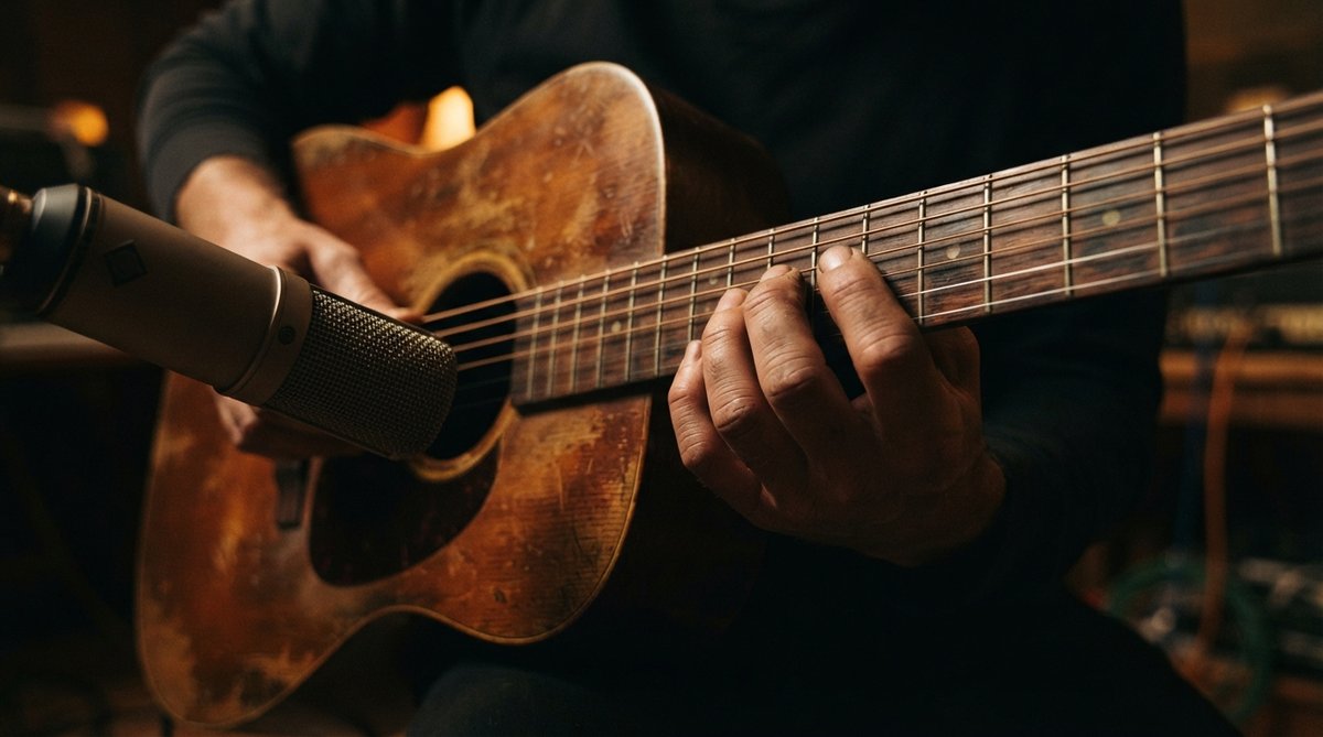 Ultra close-up, low-angle shot: a musician's hands with calloused fingertips expertly pressing strings on the worn, polished fretboard of a vintage acoustic guitar. The rich, warm grain of the mahogany body is prominent. A classic large-diaphragm condense
