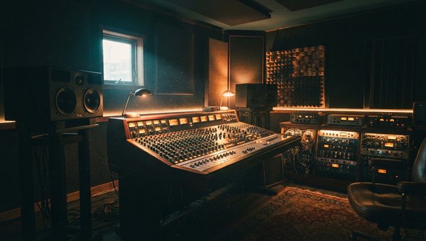 A moody, atmospheric wide shot of a professional home recording studio. Focus on a sleek, vintage-inspired analog mixing console bathed in soft, warm light. To either side, high-end studio monitor speakers stand prominently on isolated stands. The backgro