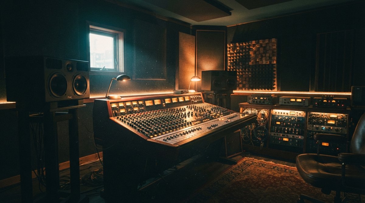 A moody, atmospheric wide shot of a professional home recording studio. Focus on a sleek, vintage-inspired analog mixing console bathed in soft, warm light. To either side, high-end studio monitor speakers stand prominently on isolated stands. The backgro
