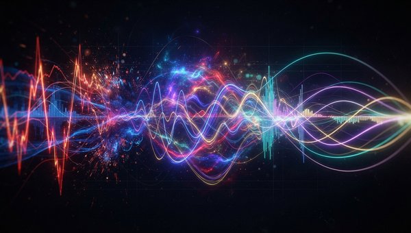 An abstract visualization of dynamic game audio, with sound waves and musical elements morphing and shifting in response to unseen actions. Imagine a vibrant, evolving soundscape represented by intertwining light trails and frequency spectrums, reflecting