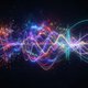 An abstract visualization of dynamic game audio, with sound waves and musical elements morphing and shifting in response to unseen actions. Imagine a vibrant, evolving soundscape represented by intertwining light trails and frequency spectrums, reflecting