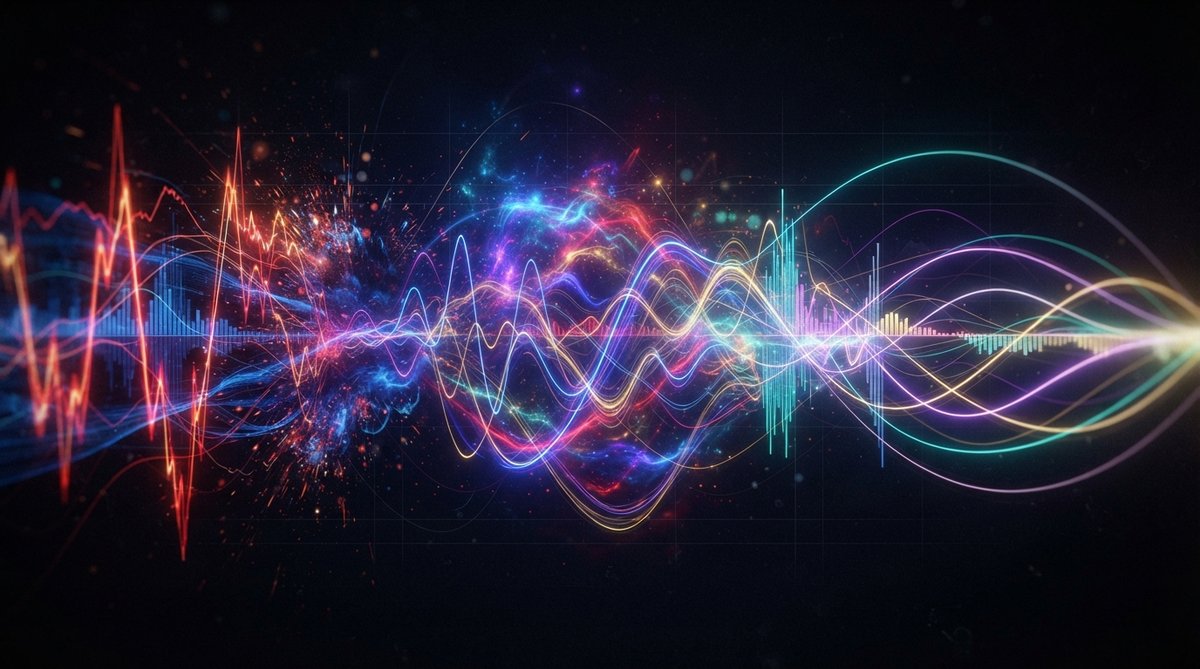 An abstract visualization of dynamic game audio, with sound waves and musical elements morphing and shifting in response to unseen actions. Imagine a vibrant, evolving soundscape represented by intertwining light trails and frequency spectrums, reflecting
