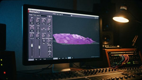 A close-up shot of the RedVerb 2 plugin interface, specifically the purple ortho view, rendered realistically on a computer screen within a professional, dimly lit studio environment. The screen is subtly glowing, and the details of the plugin's controls 
