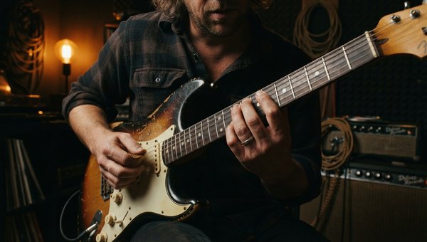 Close-up shot of an electric guitar being played in a dimly lit home studio, focus on the fretboard and hands. The scene has a warm, slightly gritty aesthetic, evoking a creative, independent spirit. No screens or plugin UIs visible.