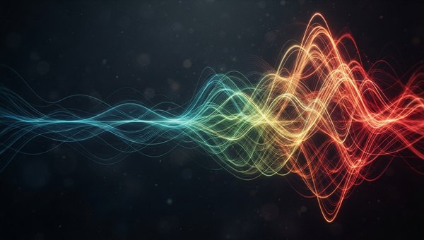 Abstract representation of sound waves intertwining and forming a complex, evolving pattern. The waves should have subtle color gradients that suggest emotional shifts, moving from cool blues and greens to warm oranges and reds, illustrating the journey o
