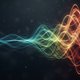 Abstract representation of sound waves intertwining and forming a complex, evolving pattern. The waves should have subtle color gradients that suggest emotional shifts, moving from cool blues and greens to warm oranges and reds, illustrating the journey o
