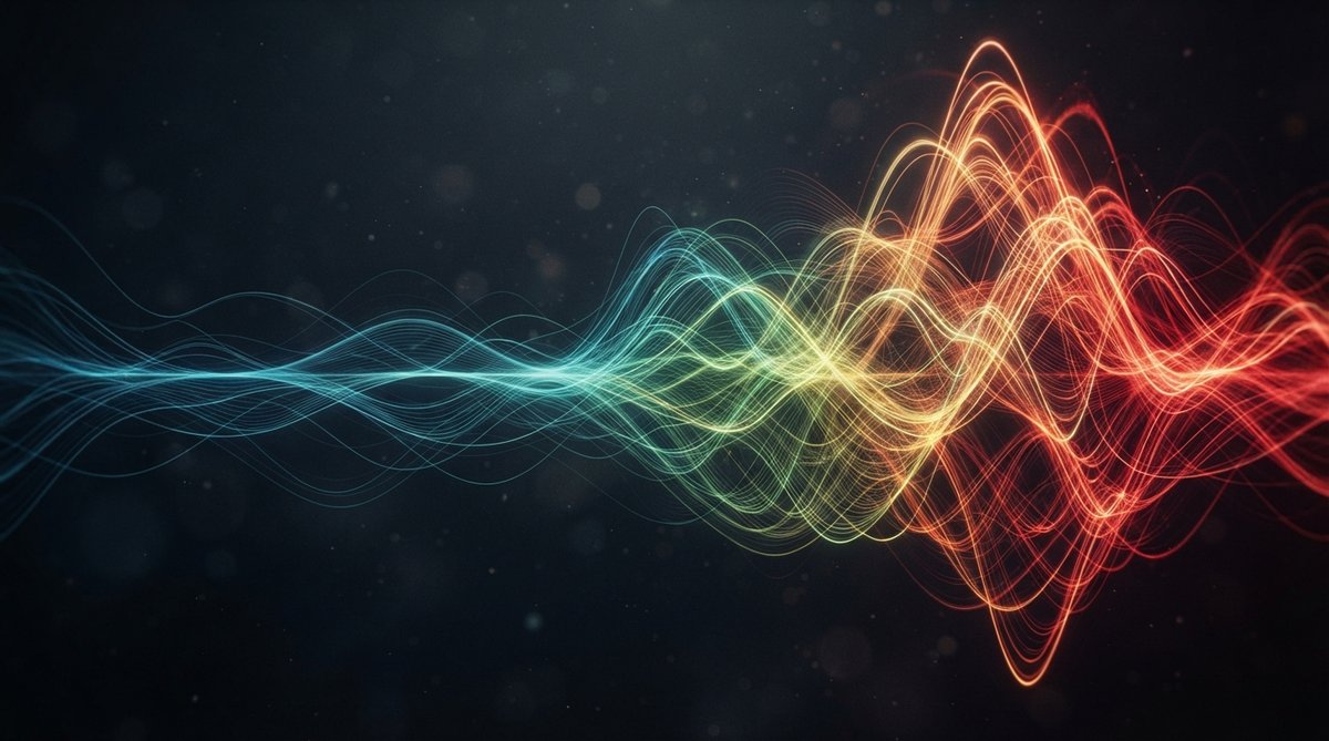 Abstract representation of sound waves intertwining and forming a complex, evolving pattern. The waves should have subtle color gradients that suggest emotional shifts, moving from cool blues and greens to warm oranges and reds, illustrating the journey o