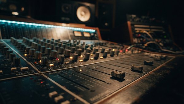 A moody, close-up shot of a professional mixing desk in a dimly lit studio, focusing on the faders and knobs for the bass channel, with subtle monitor speaker reflections in the background. No screens or plugin UIs are visible.