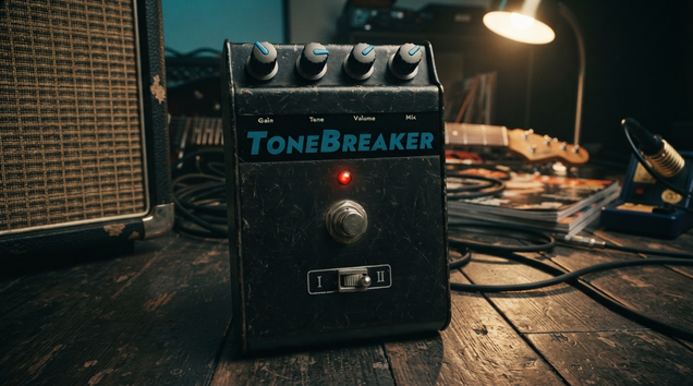 Photorealistic render of a hypothetical physical hardware unit: a rugged, vintage-inspired British blues guitar pedal. The pedal features a dark, brushed metal enclosure, robust cream-colored chicken head knobs labeled 'Drive', 'Tone', and 'Character', an