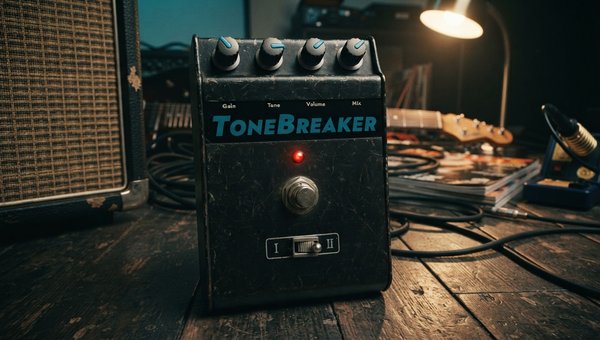 Photorealistic render of a hypothetical physical hardware unit: a rugged, vintage-inspired British blues guitar pedal. The pedal features a dark, brushed metal enclosure, robust cream-colored chicken head knobs labeled 'Drive', 'Tone', and 'Character', an