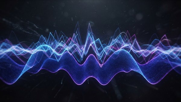 A dynamic, abstract visualization of sound waves in the low-frequency spectrum, specifically representing a powerful bassline for house or techno music. The waves should be deep, rich blues and purples, undulating with rhythmic energy against a dark, atmo
