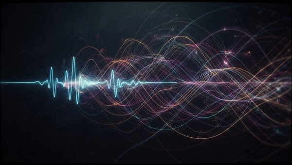 An abstract visual representation of complex rhythmic delay patterns in electronic music, showing layered waveforms and dynamic echoes. The imagery should convey intricate timing and movement, with subtle glowing lines tracing the path of sound, against a
