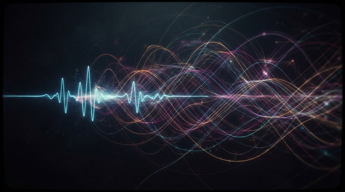 An abstract visual representation of complex rhythmic delay patterns in electronic music, showing layered waveforms and dynamic echoes. The imagery should convey intricate timing and movement, with subtle glowing lines tracing the path of sound, against a