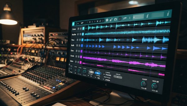 A close-up shot of the Oszillos Mega Scope plugin UI displayed on a studio monitor, showing a complex waveform with clear, rhythmic delay repeats. The screen is integrated into a modern, dimly lit studio environment with subtle reflections, showcasing the