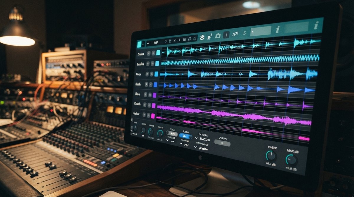 A close-up shot of the Oszillos Mega Scope plugin UI displayed on a studio monitor, showing a complex waveform with clear, rhythmic delay repeats. The screen is integrated into a modern, dimly lit studio environment with subtle reflections, showcasing the