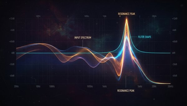 Abstract visualization of sound frequencies being sculpted by a filter, showing a smooth curve transforming into a sharp resonant peak, with vibrant colors representing the audio spectrum.