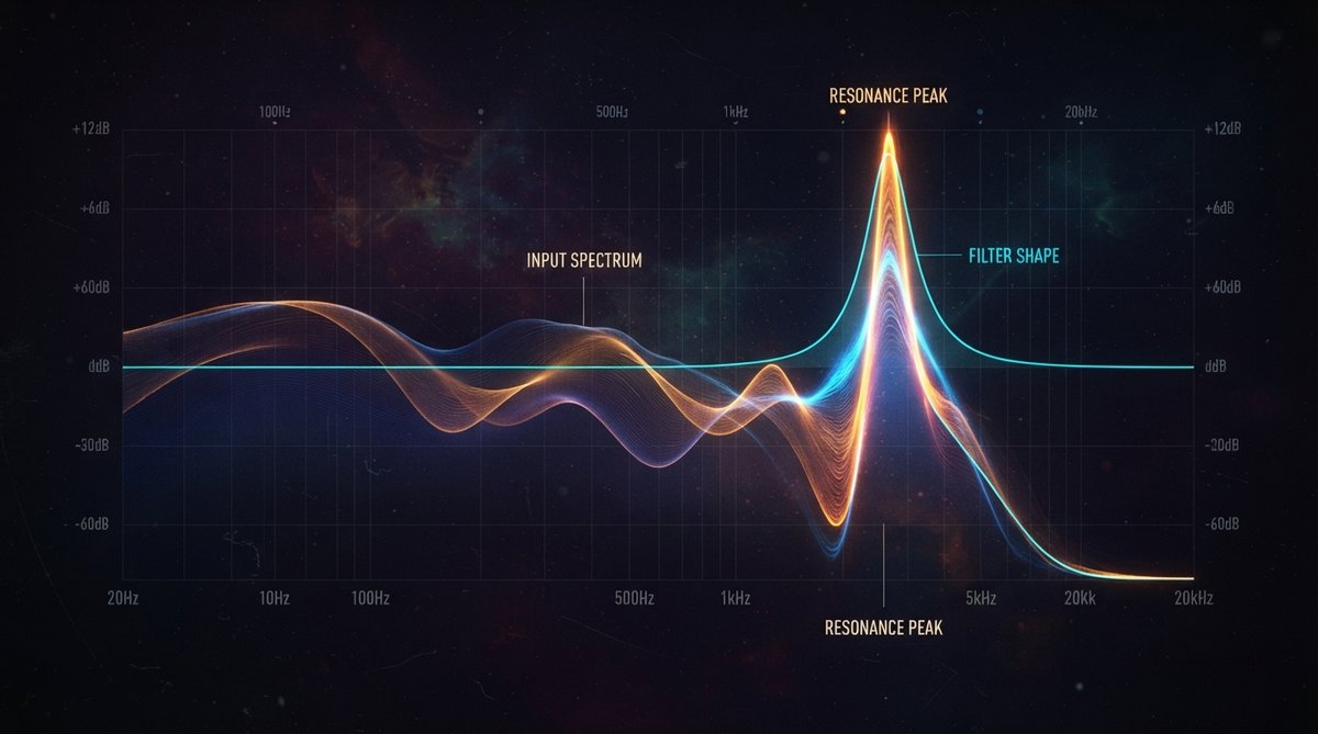 Abstract visualization of sound frequencies being sculpted by a filter, showing a smooth curve transforming into a sharp resonant peak, with vibrant colors representing the audio spectrum.