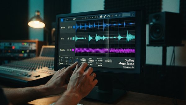 A close-up shot of the Oszillos Mega Scope plugin UI on a computer screen in a dimly lit, modern studio environment. The oscilloscope displays a complex, gated waveform, with visible rhythmic cuts and shapes. Hands are subtly adjusting a knob on the plugi