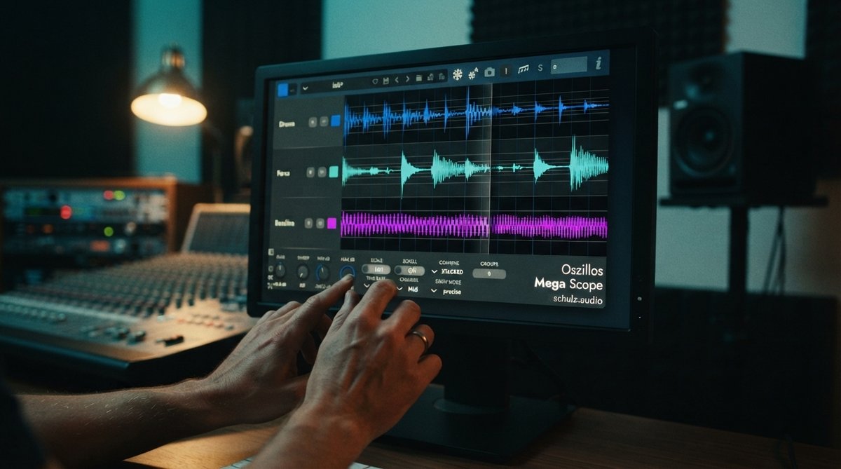 A close-up shot of the Oszillos Mega Scope plugin UI on a computer screen in a dimly lit, modern studio environment. The oscilloscope displays a complex, gated waveform, with visible rhythmic cuts and shapes. Hands are subtly adjusting a knob on the plugi
